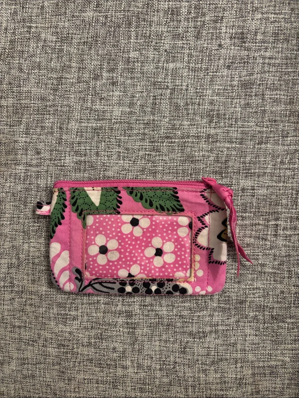 Vera Bradley Pink Floral Zip Card Case with Green Leaf Accents